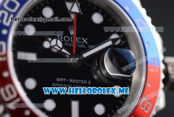 Rolex GMT-Master II Clone Rolex 3186 Automatic Stainless Steel Case/Bracelet with Black Dial and White Markers Red/Blue Bezel (BP) - Click Image to Close